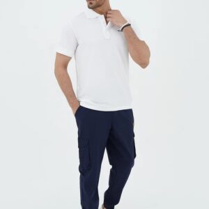 Men’s navy tracksuit pants with white polo shirt outfit at zainab closets