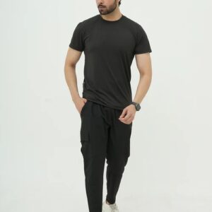 Black men’s tracksuit with t-shirt and jogger pants at Zainab Closets.
