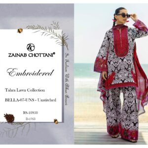 3 piece unstitched women suit with embroidered shirt, plain trouser and dupatta at Zainab Closets for festive occasions.