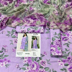 3 piece unstitched women's clothes with embroidered shirt, plain trouser and dupatta at Zainab Closets for festive occasions.