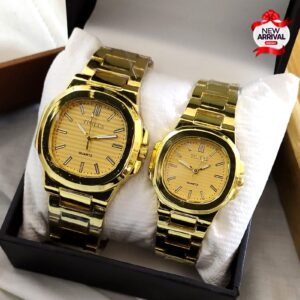 Elegant golden couple watch set with matching design, perfect for men and women. Stylish wristwatches available now at Zainab Closets.
