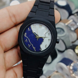 Stylish black aura watch with matte bracelet, Arabic numeral dial, unisex design, perfect for men and women at Zainab Closets.